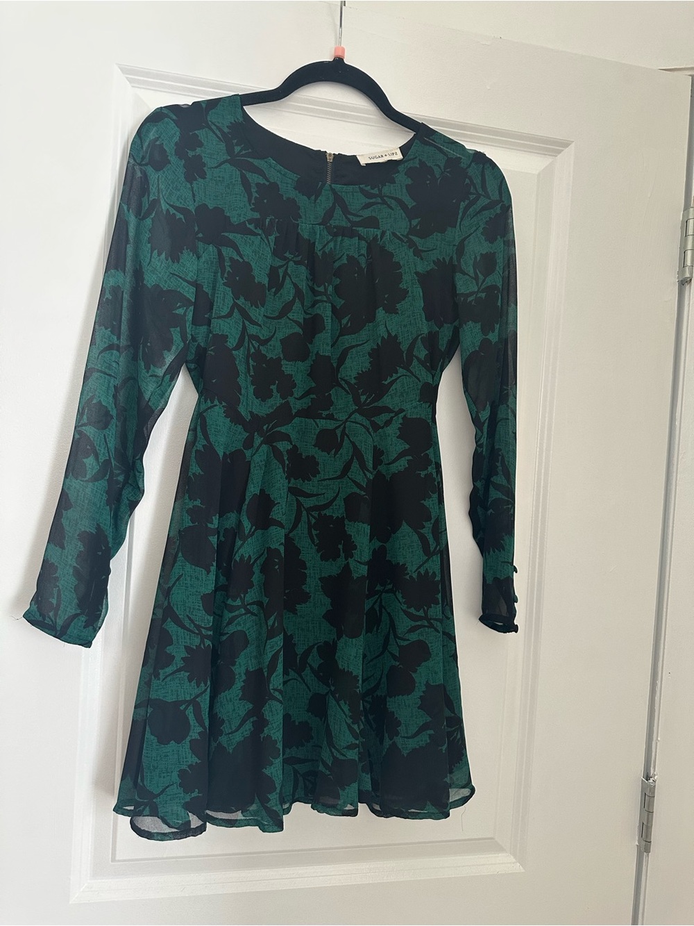 Sugarlips Green and Black Floral Long Sleeve Mini Dress